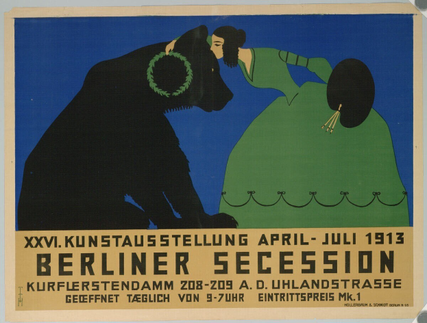 Plakat für die Ausstellung der Berliner Secession 1913, das eine Frau und einen Hund mit Text zeigt.