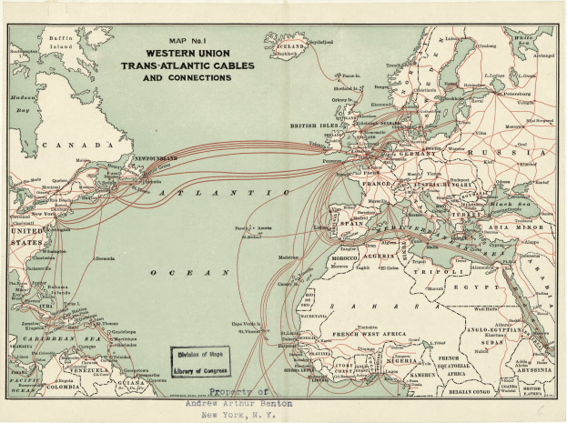 Ein detaillierter Plan der Western Union Transatlantischen Kabel und Verbindungen, der Routen und interessante Punkte zwischen Ländern hervorhebt, mit fetter Schrift, die die Bedeutung dieser Verbindungen betont.