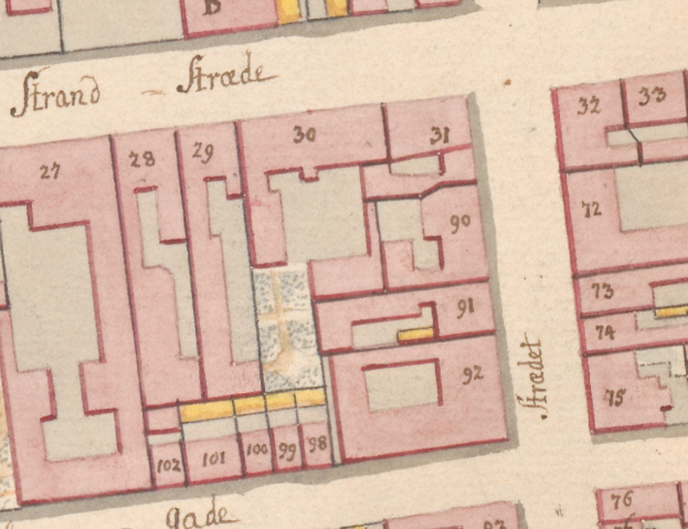 Ausführliche alte Karte von Strand, Deutschland, die Straßen, Gebäude und andere Merkmale zeigt.