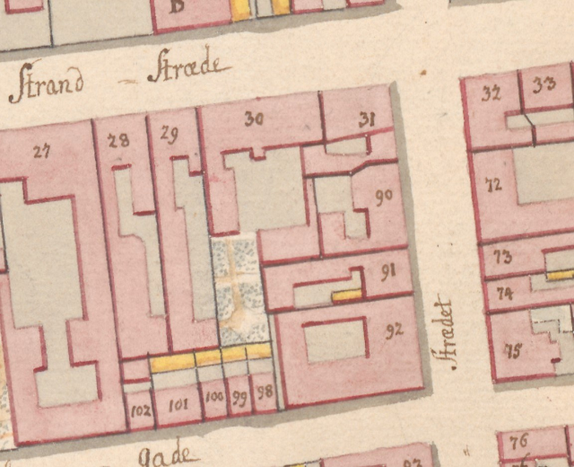 Ausführliche alte Karte von Strand, Deutschland, die Straßen, Gebäude und andere Merkmale zeigt.