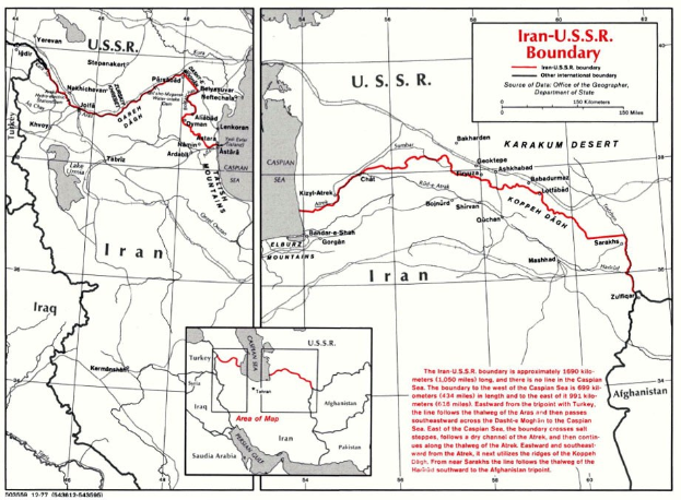 Detailierte Kartenvorlage der iranisch-sowjetischen Grenze, die geografische Merkmale und Landesgrenzen mit erklärendem Text zeigt.