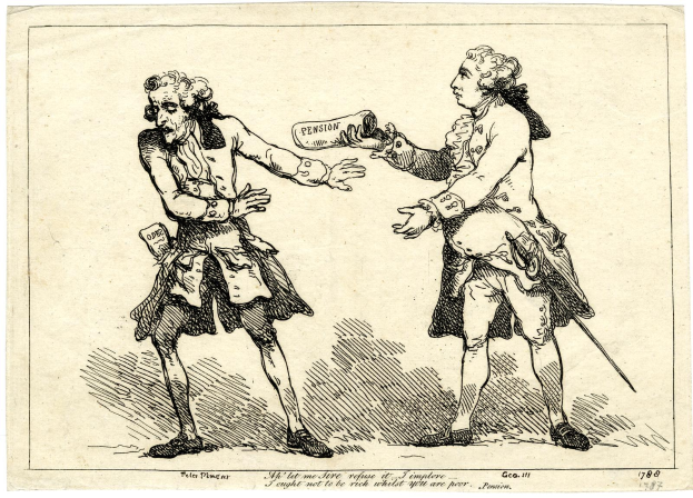 Zwei Cartoon-Männer in Renaissance-Kleidung, einer hält ein Papier mit dem Wort "Pension" unten sichtbar.