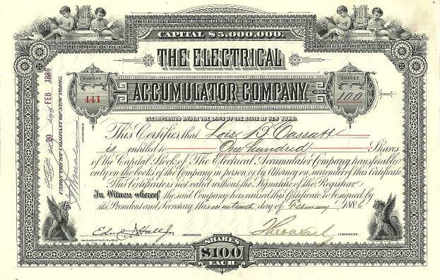Aktienzertifikat der Elektrischen Akkumulatoren-Gesellschaft mit detaillierten Designs, Text mit "The Electrical Accumulator Company" und numerischen Details.