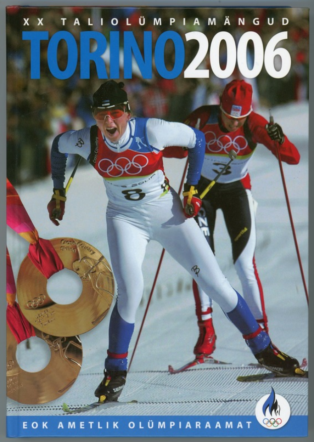 Ein Plakat der Olympischen Spiele 2006 in Turin, Italien, das zwei Skifahrer auf dem Schnee mit der Aufschrift 'Turin 2006' zeigt.