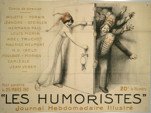 Ein buntes Plakat an einer Gebäudewand mit der Aufschrift 'Les Humoristes Journal Hebdomadaire Illustré', das eine Gruppe lachender Menschen zeigt.