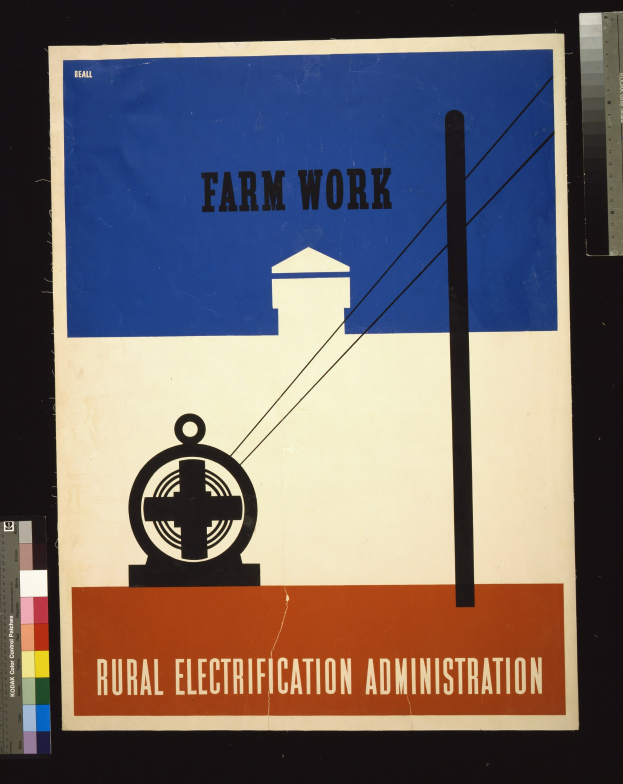 Plakat mit "Farm Work Rural Electricity Administration" in fetter schwarzer Schrift auf weißem Hintergrund, umrahmt von einem dünnen schwarzen Rand, mit einer Grafik eines Hofes mit Traktor und Scheune.