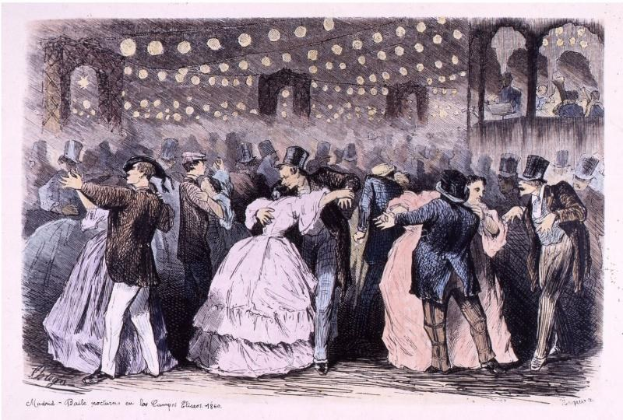 Eine Gruppe von Menschen, die in einem hell erleuchteten Ballsaal tanzen, mit Text am unteren Rand, der 'Madame Baille Nacional en la Campagne Bleuet, 1860' lautet.