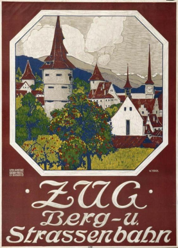 Plakat für die Zug Berg-u-Strassenbahn in der Schweiz, das eine Landschaft mit Bäumen, Gebäuden und Bergen zeigt.