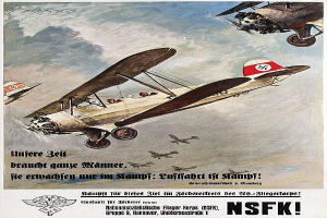 Deutsches Weltkriegs-Propagandaplakat mit einer Formation von Kampfflugzeugen im Flug mit begleitendem Text.