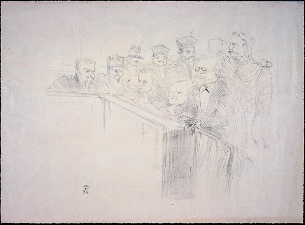 Schwarz-weiß-Zeichnung von Menschen, die an einem unordentlichen Tisch in einem Gerichtssaal während einer Verhandlung sitzen, mit einem dicken schwarzen Rahmen um die Szene.