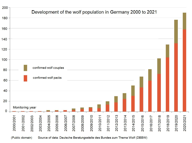 Liniengraph, der den Anstieg der Wolfs population in Deutschland von 2000 bis 2021 zeigt, mit begleitendem erklärendem Text.