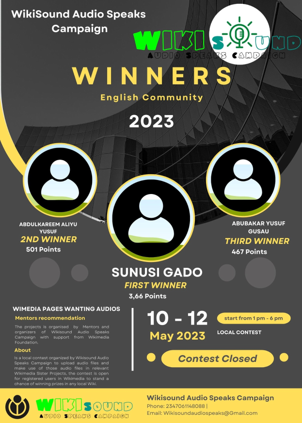 Ein buntes Plakat mit einem blauen Hintergrund und gelben und weißen Buchstaben, die in fetter Großschrift "Gewinner" lesen.