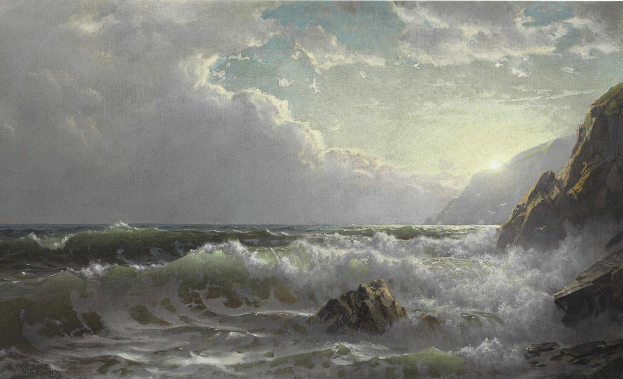 Gemälde mit dem Titel "Meeresszene mit Wellen" von Albert Bierstadt, das Wellen zeigt, die auf Felsen im Meer krachen, mit einem Hügel auf der rechten Seite und einem wolkenverhangenen Himmel im Hintergrund.