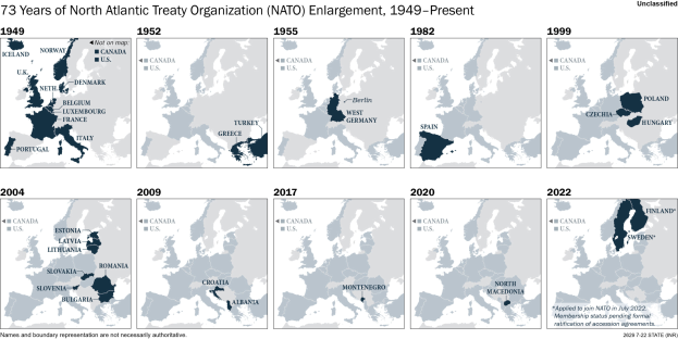 Eine Karte, die die 73-jährige Erweiterung der Nordatlantischen Vertragsorganisation (NATO) von 1949 bis heute veranschaulicht, unterteilt in Regionen, die verschiedene Jahre darstellen.