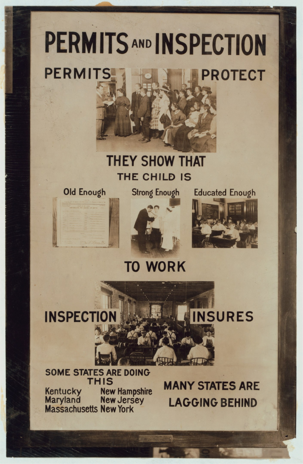 Plakat mit der Aufschrift "Genehmigungen und Inspektion" mit Bildern von verschiedenen Menschen unterschiedlichen Alters und Geschlechts.