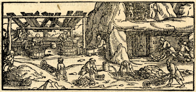 Schwarz-weiß-Zeichnung von Bergleuten bei der Arbeit in einem Kohlebergwerk mit Fässern, Loren und verstreuten Gegenständen, unten mit der Beschriftung "The Gold Mine".