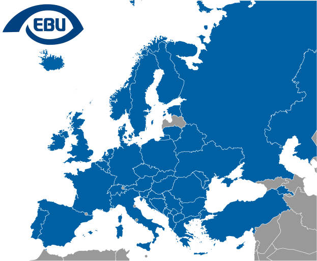 Eine Landkarte von Europa in Blau und Grau mit dem EU-Logo in der linken oberen Ecke auf einem weißen Hintergrund.