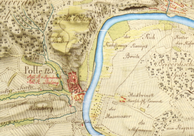 Ausfühliches altes Stadtplan von Polle, Deutschland, der Straße, Gebäude und einen Fluss durch die Stadt zeigt.
