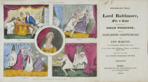 Ein historisches Dokument, das den Prozess gegen Lord Baltimore wegen der Vergewaltigung von Sarah Woodcock und Elizabeth Griffinburg zeigt, mit Illustrationen von Menschen, Vorhängen und Text.