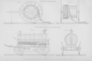 Eine Zeichnung eines Feuerlöschfahrzeugs mit einem sichtbaren Rad und einem angeschlossenen Schlauch, begleitet von Text, der das Fahrzeug beschreibt.