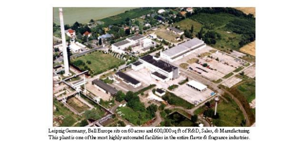 Luftaufnahme eines großen Industriegebiets in Leipzig, Deutschland, mit der Bezeichnung "Bell Europe", das Gebäude, Bäume, Straßen und Strommasten enthält.