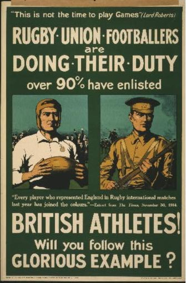 Plakat mit zwei Rugby-Union-Fußballern in militärischer Uniform, mit Text, der eine Einberufungsquote von über 90% anzeigt.
