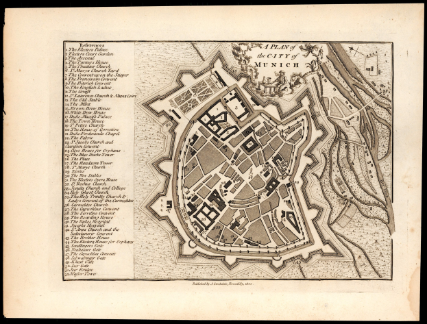 Detailiertes altes Stadtplan von München, Deutschland, mit Straßen, Gebäuden und Sehenswürdigkeiten auf einem schwarzen Hintergrund.