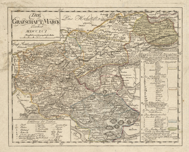 Ein detaillierter alter Stadtplan von München, Deutschland, mit Straßen, Parks und Sehenswürdigkeiten, mit detaillierten Straßen, Flüssen und Bergen, umgeben von einem dekorativen blauen, grünen und gelben Rahmen.