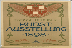 Plakat für die Kunstausstellung 1898 in Berlin, Deutschland, mit Textbeschreibung des Ereignisses.
