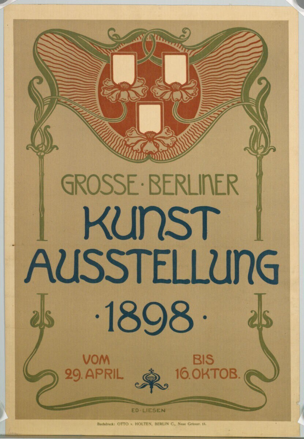 Plakat für die Kunstausstellung 1898 in Berlin, Deutschland, mit Textbeschreibung des Ereignisses.