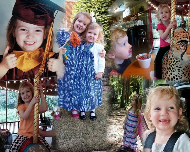 Collage mit lustigen Fahrgeschäften, Kindern an einem Tisch mit Essen, Tassen, Löffeln, verschiedenen Gegenständen, Lichtern, einer Wand, Büschen, Bäumen, Gras, einem Seil und einem Hut.