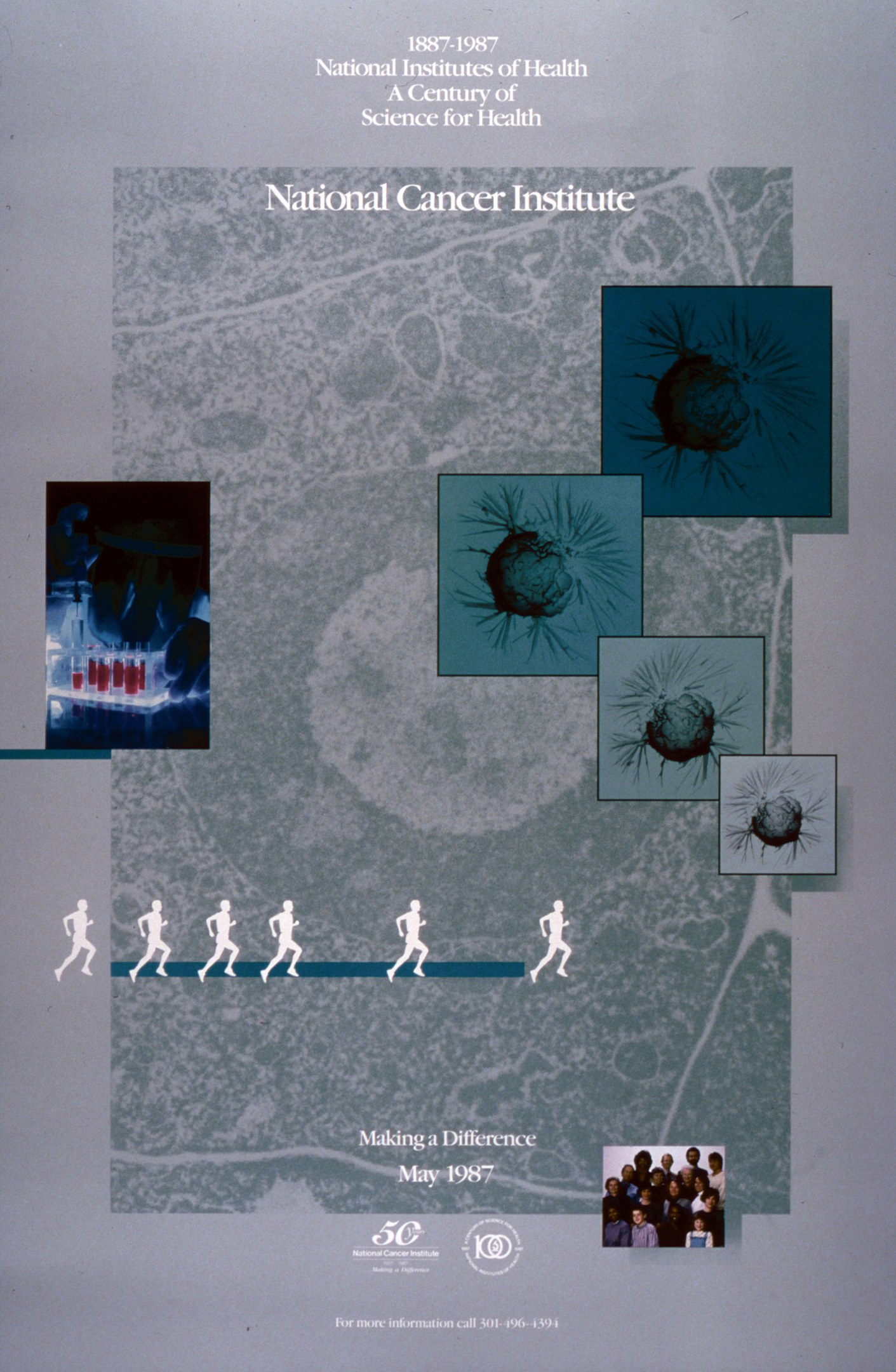 Buntes Plakat für das National Cancer Institute mit blauem Hintergrund und weißer Schrift, das einen Kreis aus überlappenden, fröhlichen Bildern von verschiedenen Menschen um die fettgedruckte, großgeschriebene Überschrift zeigt.