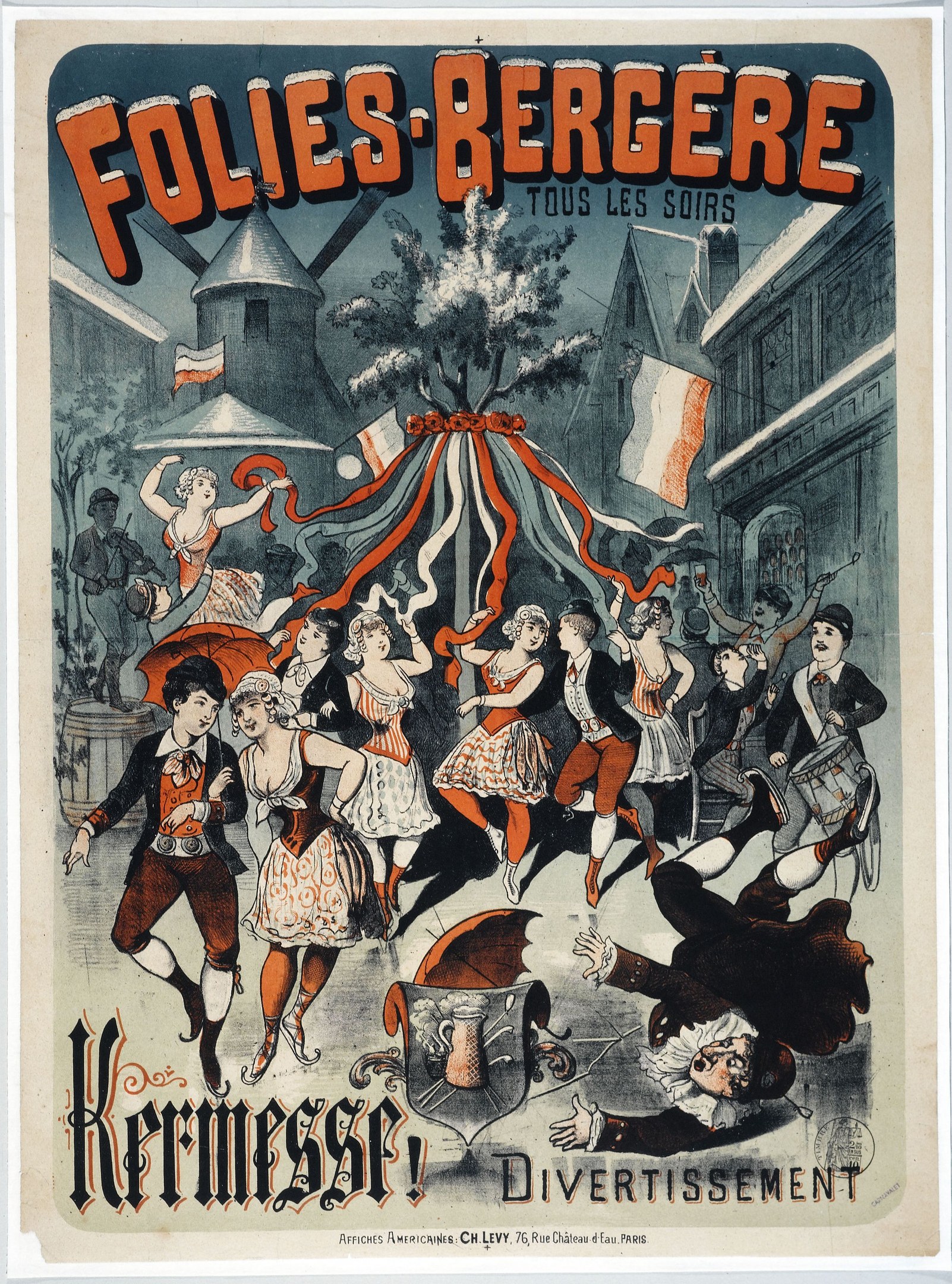 Plakat für das Folies Bergère-Festival in Paris, das tanzende Menschen in der Vordergrund und Gebäude, Bäume und Flaggen im Hintergrund zeigt und den Text des Events ankündigt.