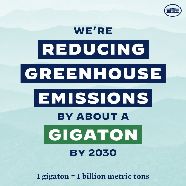 Ein Plakat mit dem Text "Wir reduzieren die Treibhausgasemissionen bis 2030 um etwa eine Gigatonne" und einem Logo, das für die Reduzierung der Treibhausgase bis 2030 wirbt.