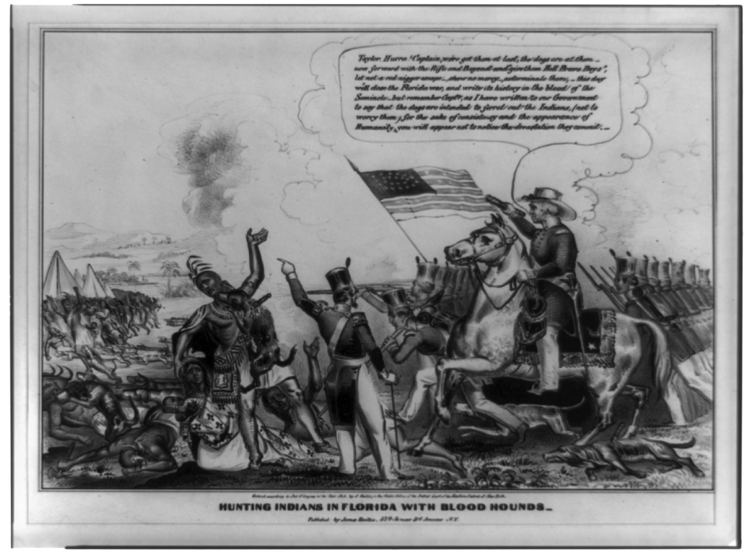 Schwarzes und weißes Foto einer Gruppe von Menschen, einige zu Pferde, mit einer Fahne im Hintergrund und der Inschrift "Jagen von Indianern in Florida mit Bluthunden" unten.