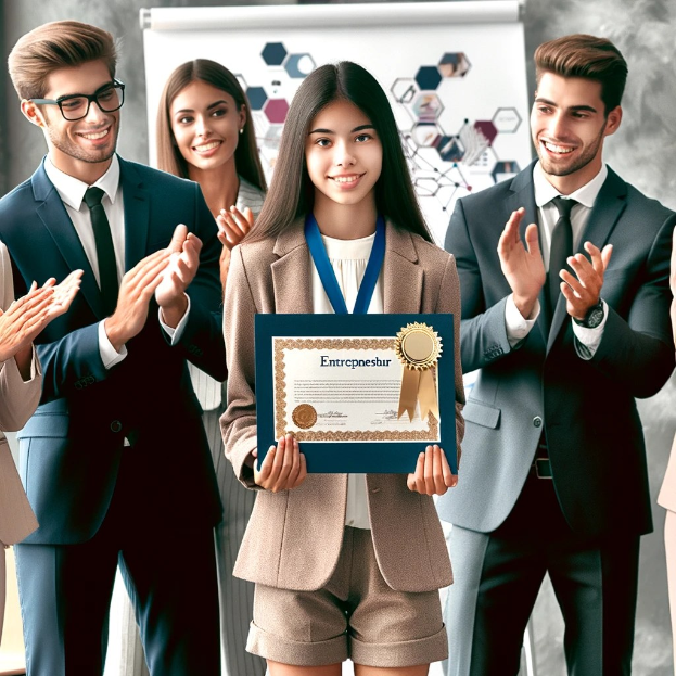 Eine Gruppe von Menschen in einem beruflichen Umfeld klatscht und feiert, während eine Frau in der Mitte ein Zertifikat hält und eine Medaille um den Hals trägt.