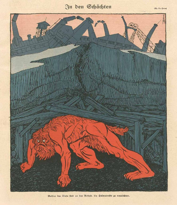 Illustration eines bedrohlichen Werwolfs mit ausgestreckten Klauen und offenem Mund vor einem rauchgeschwängerten Fabrikgelände unter einem tiefblauen Himmel, mit einem auffälligen Plakat im Hintergrund.