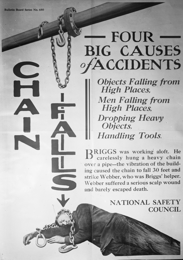 Ein Schwarz-Weiß-Plakat mit einer Person auf einem Pfahl mit Ketten und dem Text "Vier große Unfallursachen".