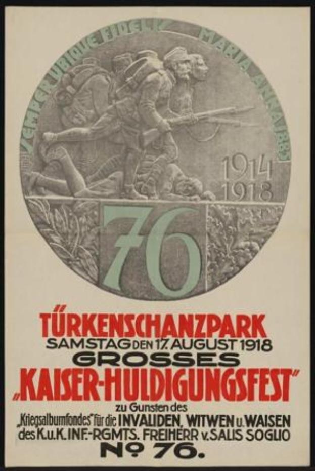 Plakat zur 70. Jubiläumsfeier der Kaiser-Huldigungsfest in Berlin, Deutschland, das eine Gruppe von Menschen mit Text und Zahlen in einem Rahmen zeigt.