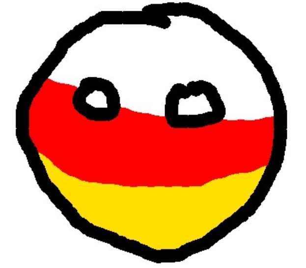 Ein Smiley mit horizontalen Streifen in Rot, Gelb und Weiß gegen einen weißen Hintergrund.