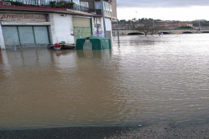 Überschwemmte Straße mit einem von Wasser umgebenen Gebäude, ein nahegelegenes Gebäude mit Fenstern, Geländern, Pflanzen und einem Namensschild sowie Hintergrundelemente wie Bäume, eine Brücke, Pfähle, andere Gebäude und ein bewölkter Himmel.