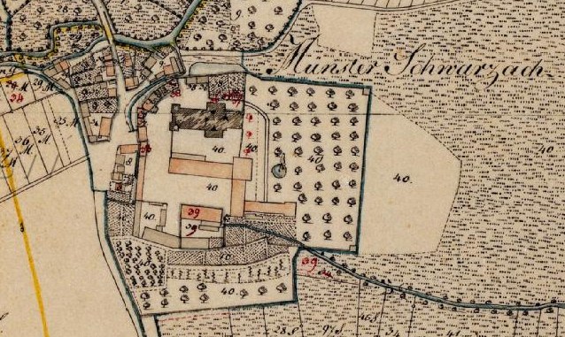 Alte detaillierte Karte von München, Deutschland, die die Stadt Schwarzach hervorhebt, mit sichtbaren Straßen, Gebäuden und textuellen Informationen über ihre Größe, Lage und Geschichte.