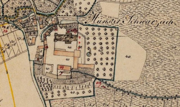 Alte detaillierte Karte von München, Deutschland, die die Stadt Schwarzach hervorhebt, mit sichtbaren Straßen, Gebäuden und textuellen Informationen über ihre Größe, Lage und Geschichte.