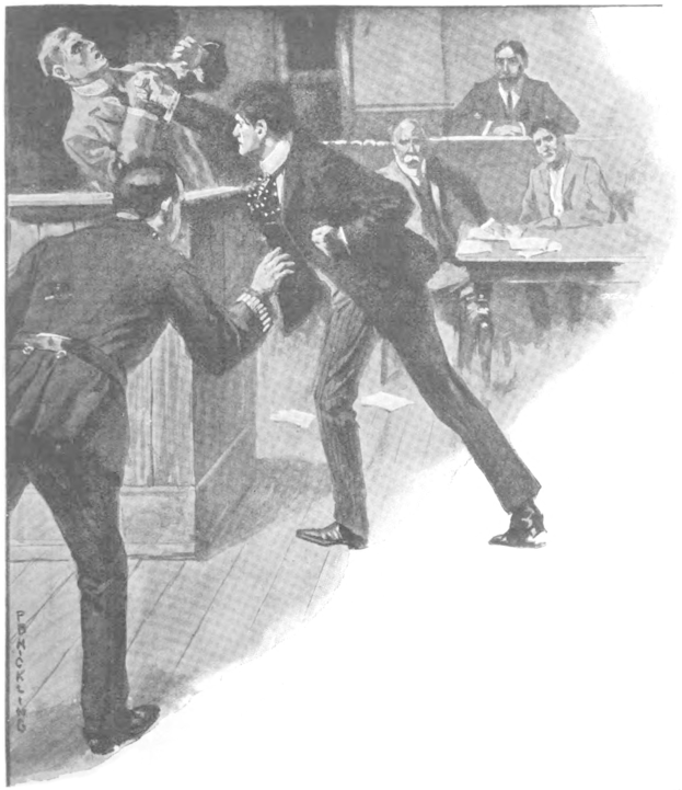 Eine Schwarz-Weiß-Zeichnung eines Mannes in einem Anzug, der von einem anderen Mann gezogen wird, mit Menschen auf Stühlen und einem Tisch mit Papieren im Hintergrund, Text unten lautet "Victor Hugo Münster - der Prozess des Prozesses".