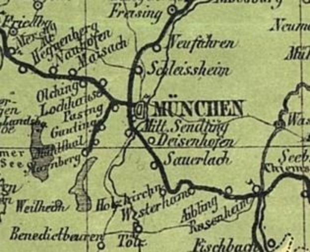 Detailierte alte Karte von München, Deutschland, die Straßen, Gebäude und Sehenswürdigkeiten zeigt, mit zusätzlichem Text über die Stadt.