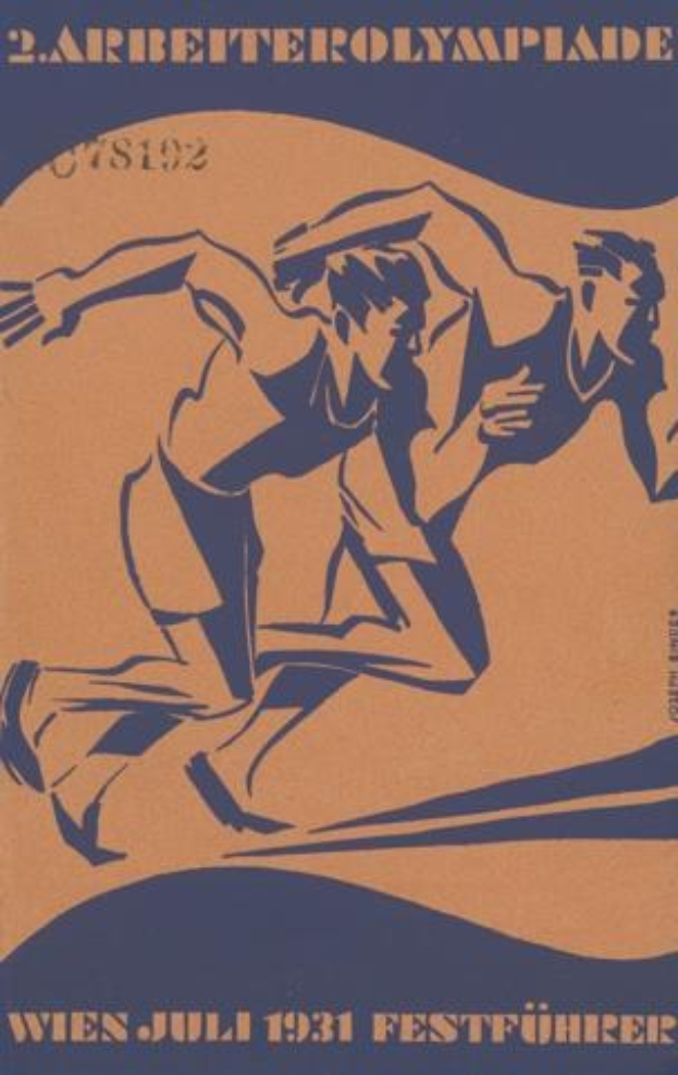 Plakat für die Olympischen Spiele 1932 in Berlin mit zwei Läufern im Vordergrund und Text mit Veranstaltungseinzelheiten.