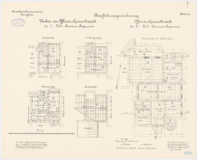 Schwarz-weißer architektonischer Grundriss des ehemaligen Bundeskanzleramts, zeigt detaillierte Layout- und Textanmerkungen.