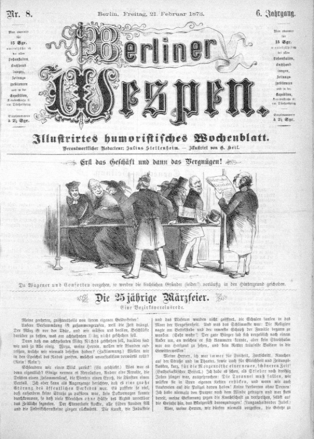 Alte deutsche Zeitung "Berliner Wespen" vom 21. Februar 1873 mit einer Gruppe von Menschen in traditioneller deutscher Kleidung, die sich unterhalten, und deutscher Text, der das Ereignis wahrscheinlich beschreibt.