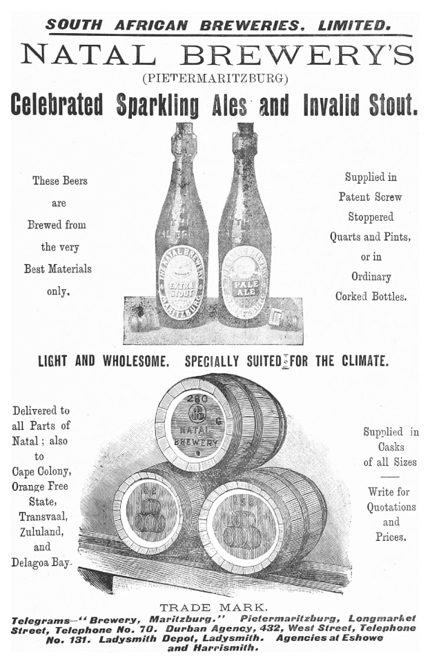 Werbung für Natal Brauerei's prickelndes Ale und Invalidenstout, zeigt Text und Bilder von Flaschen und Fässern.