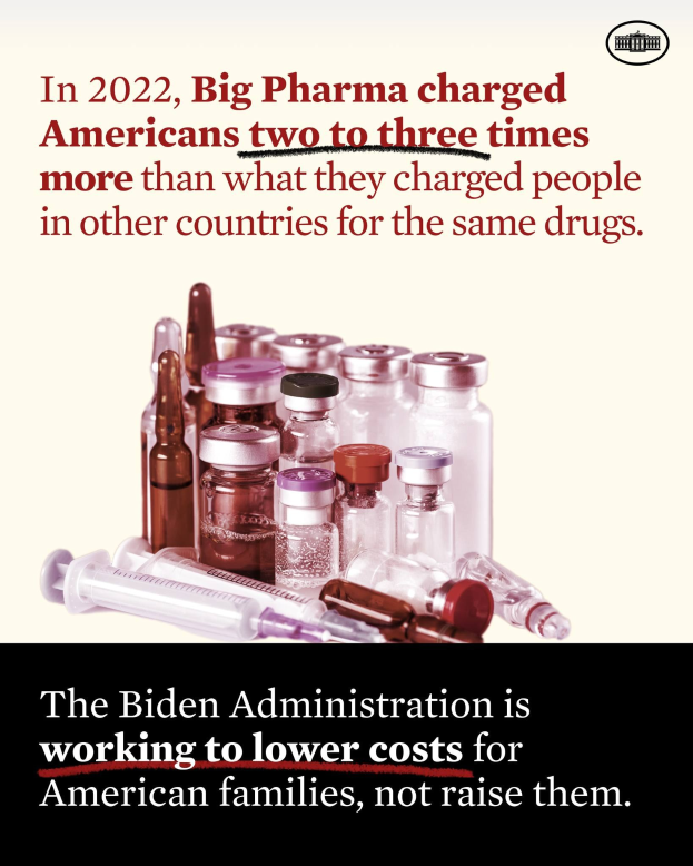 Ein Plakat, das zeigt, dass Big Pharma 2022 Amerikanerinnen und Amerikanern zwei bis drei Mal so viel für dieselben Medikamente berechnet hat wie in anderen Ländern, mit Bildern von Medikamentenflaschen und einer Spritze darunter.